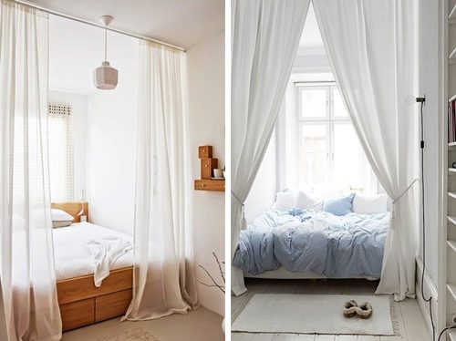 Sử dụng rèm trắng mỏng: Khi giường bố trí ở sát cửa sổ, bạn nên treo rèm để đảm bảo kín đáo. Chất liệu mỏng, màu trắng sẽ giúp ánh sáng phần nào lọt vào phía sâu trong phòng.